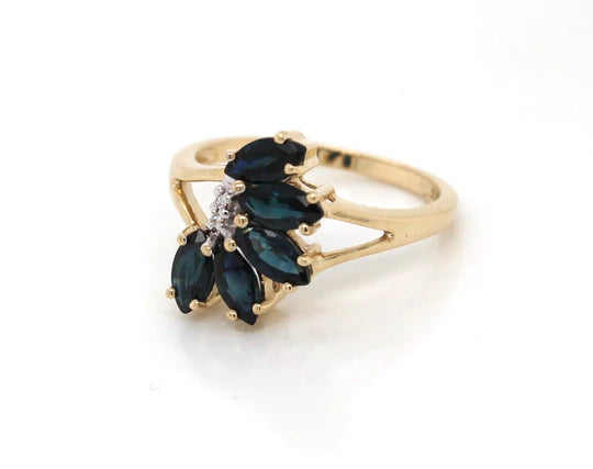 9ct Yellow Gold Sapphire & Diamond Asymmetrical Petal Ring #22948