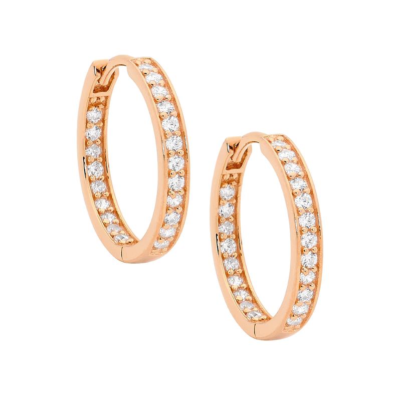 Sterling Silver White Cubic Zirconia Rose Gold Plated Row Inside Out Hoop Earrings #