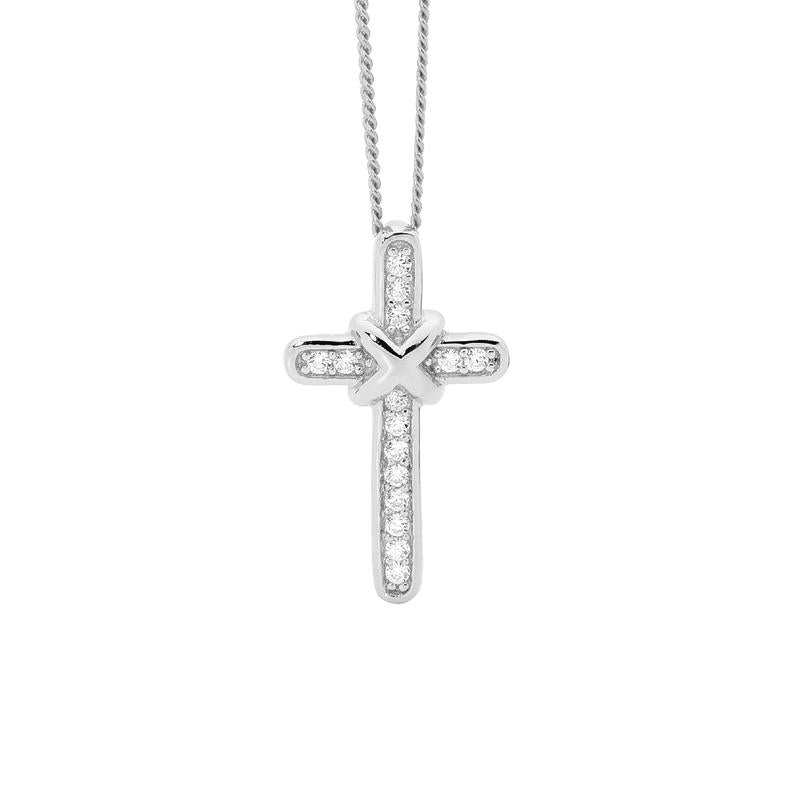 Sterling Silver Cross with White  Cubic Zirconia with Cross Over Feature  #22659