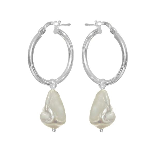 Sterling Silver Hoop with Freshwater Pearl White Drop Earrings #23000