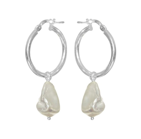 Sterling Silver Hoop with Freshwater Pearl White Drop Earrings #
