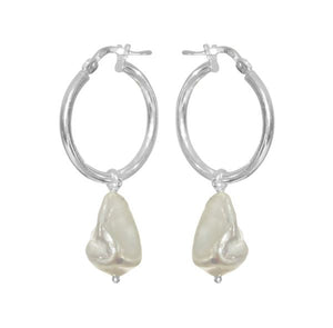 Sterling Silver Hoop with Freshwater Pearl White Drop Earrings #