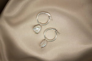 Sterling Silver Hoop with Freshwater Pearl White Drop Earrings #